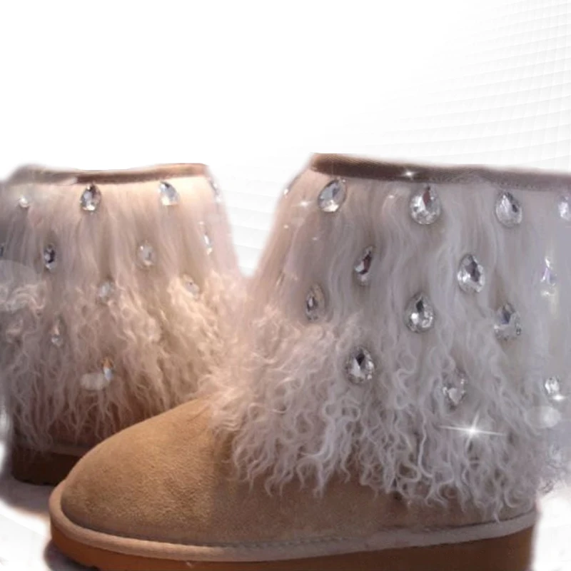 

Beige and leg fur all-in-one boots tassel rhinestones comfortable plus velvet warm and thick handmade tassel 35-44