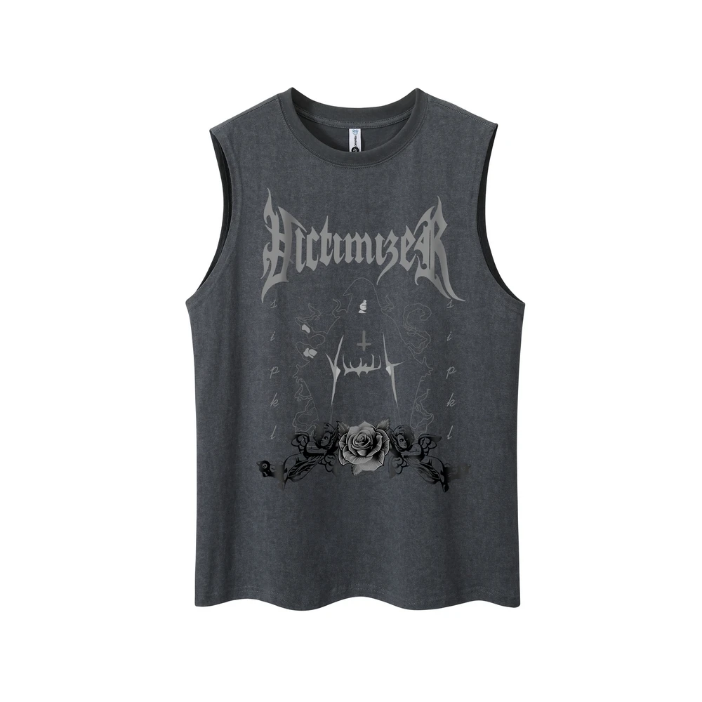 

2022 Rose Graphic Vest Dark Vest Streetwear Hip Hop Womens Tank Tops Casual Sleeveless Tops Shirt Washed Cotton Grey Harajuku