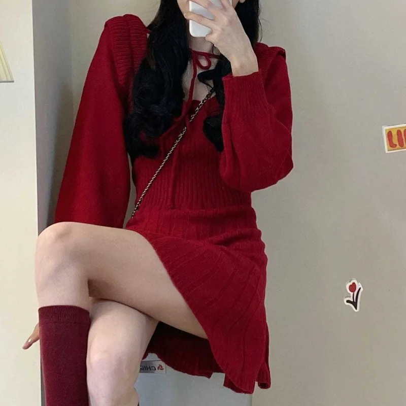 

энергичный девушка осень зима красное вязаное рождественское платье талии похудения приталенный квадратный воротник