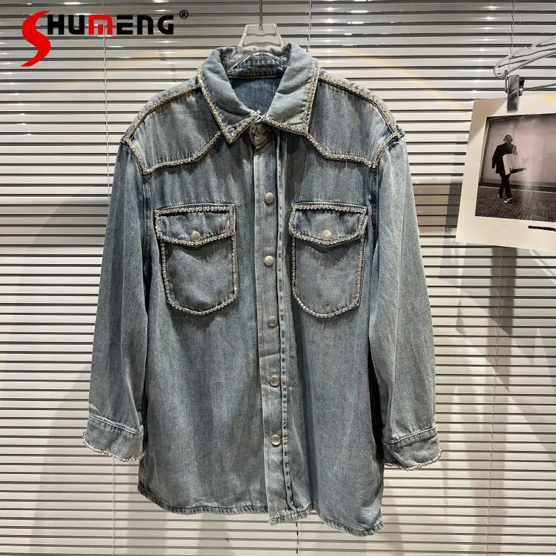 

2022 Spring New Female Classic Style Rhinestone Chain Jeans Blusas Women's Fashion Streetwear Double Pocket Washed Denim Shirt