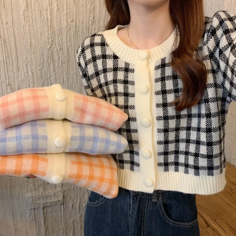 

Plaid Color Short Tops Cute Girl Cardigan Mujer Sweaters Fall Clothing for Women Long Sleeve Top Kardigany Sweaters for Women