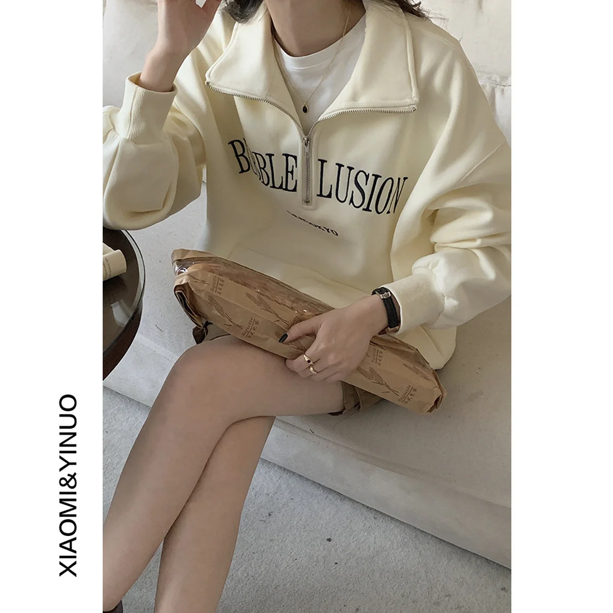 

Fashion new [Ou fan]9027 half zipper fleece sweater for women 2022 winter new Korean printed warm top for women