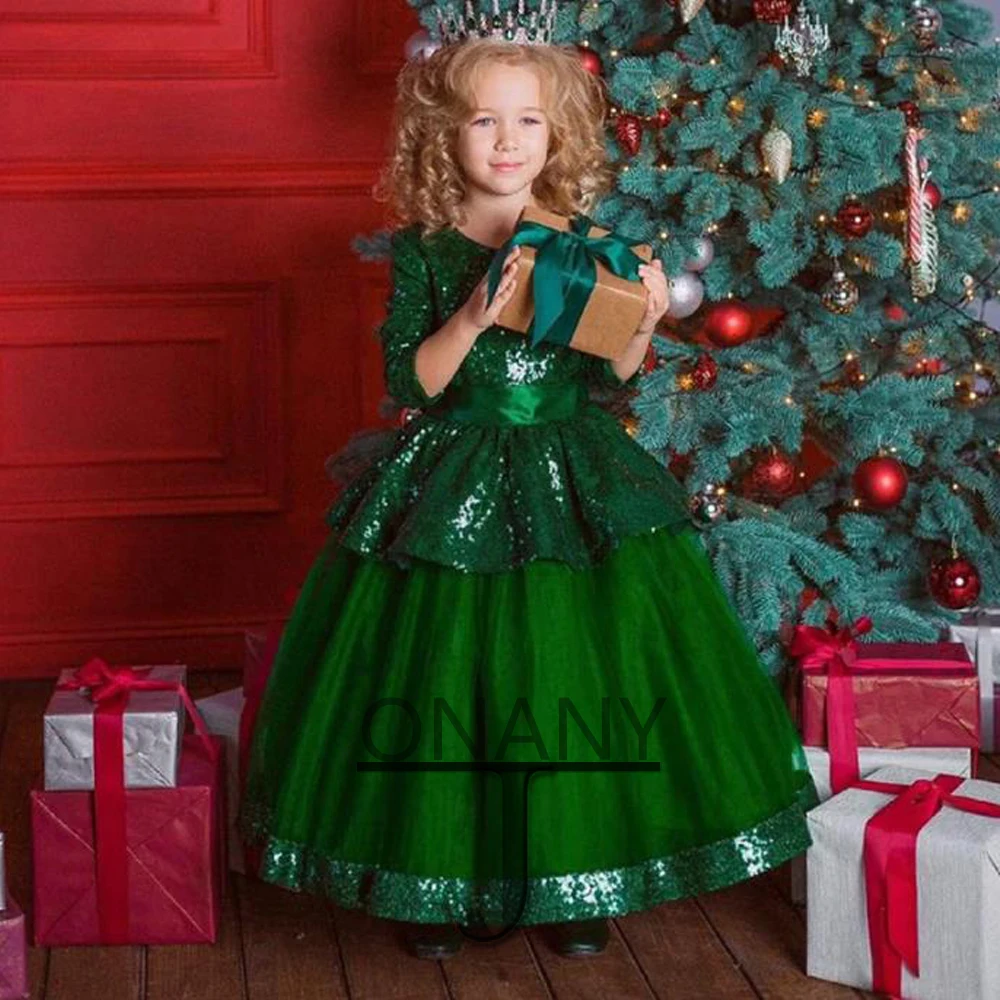 Платье для девочек с блестками и цветами JONANY, зеленое Тюлевое платье с буффами, Прямая поставка, детское платье для первого причастия, красивое платье для вечеринки, платье с вырезом