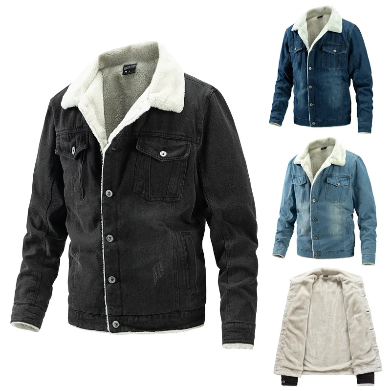 Men's Jacket Slim-Fit Washed Lapel Thick Denim Jacket Winter Trend Men's Top