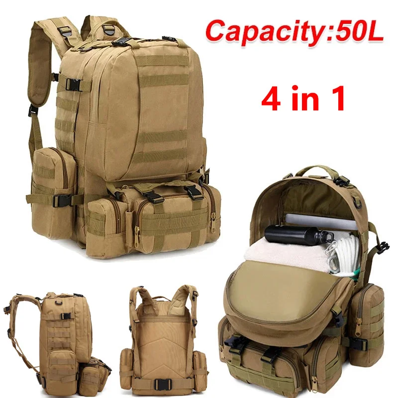

50L 4 In 1 Molle Sport Tactical Backpack Waterproof Outdoor Hiking Climbing Army Backpack Camping Bag Travel 3D Rucksack Mochila