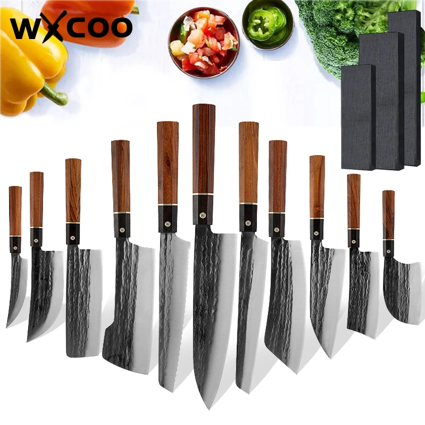 

Meat Cleaver Knife Hand Forged Chef's Slicing Boning Paring Bread Utility Knife Hammer Pattern Kitchen Knives Set Cooking Tools
