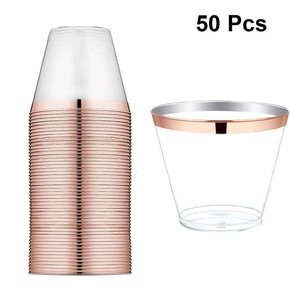 

50pcs Cups Rose Gold Rimmed 9oz Transparent Cups for Wedding