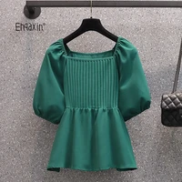 ehqaxin ladies casual tops 2022 new french green pleated puff sleeves square collar loose short sleeve shirts top womens l 4xl