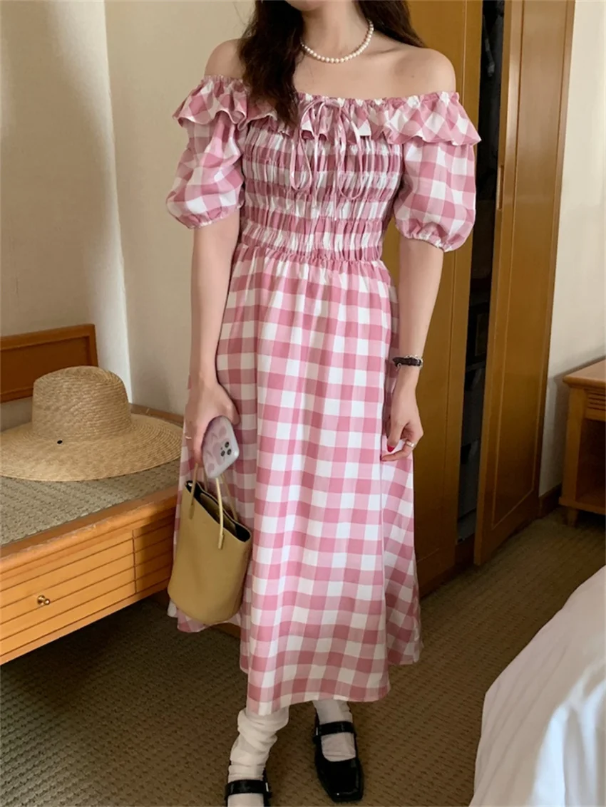 

Alien Kitty Summer Plaid Maxi Dress Slash Neck Women Holiday 2023 All Match Daily Sexy Slim New Office Lady Chic Mujer Loose