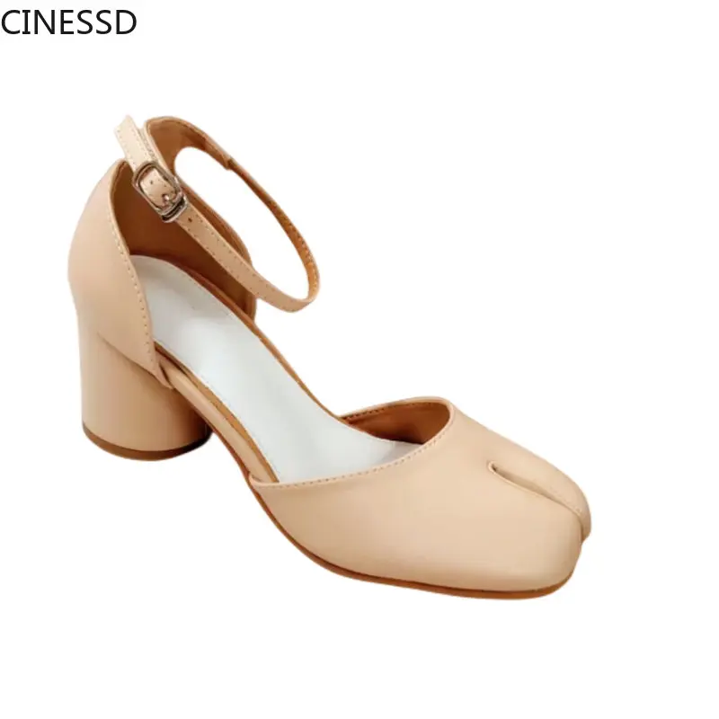 Split Toe Women Ninja Tabi Pumps Woman 6cm/3.5cm Heels Mary Janes Round High Heel Shoes Buckle Strap Shallow Sandals Shoes