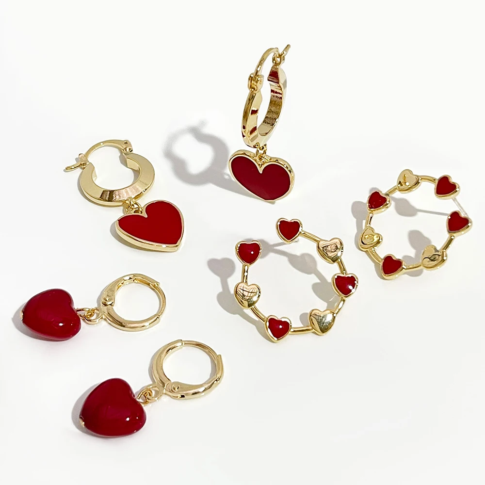 

CARLIDANA 3 Designs Red Love Heart Enameled Hoop Earrings Small Dainty Earrings Acrylic Drops Golden Circle Minimalist Earrings