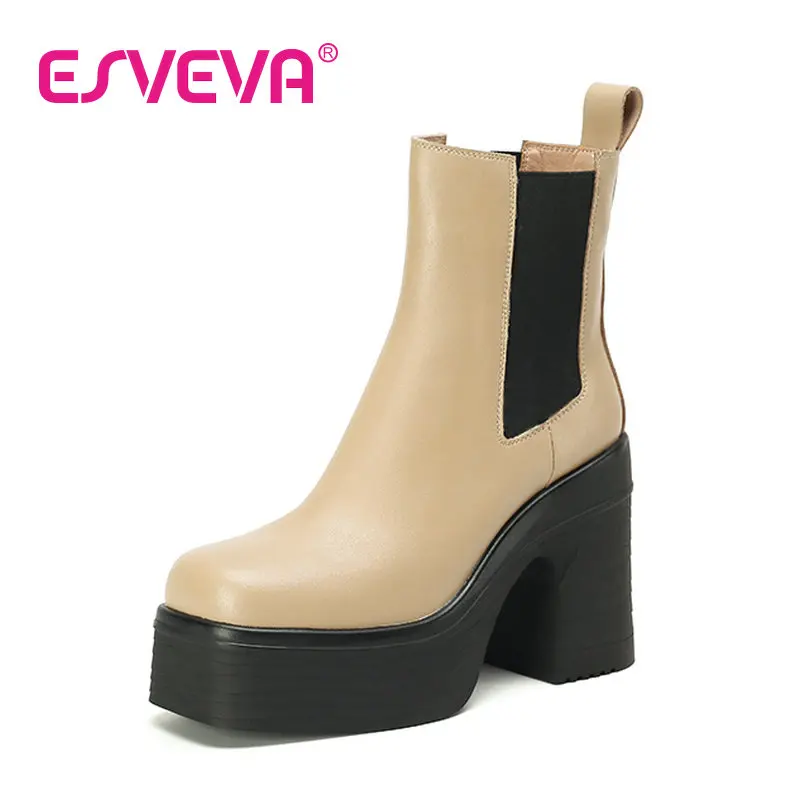

ESVEVA 2023 Western Style Cow Leather Slip On Ankle Boots Round Toe Simple And Fashion Style All Match Neutral Shoes Size 34-39