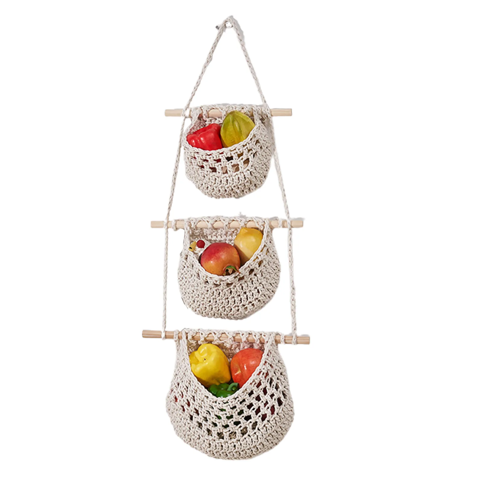 

1pcs Wall Hanging Fruit Basket 3-Tier Storage Baskets Bohemian Macrame Cotton Rope Woven Organizer Vegetable Baskets