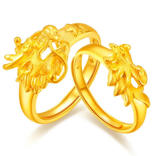 

Genuine Pure 999 Gold Color Dragon Phoenix Lover Ring for Women Men Adjustable Rings Jewelry Gifts Accessories