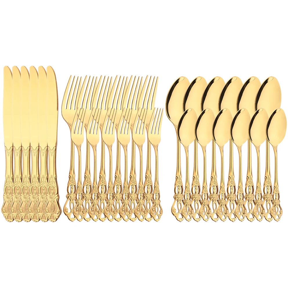 

6/30Pcs Royal Gold Cutlery Set Knives Dessert Fork Spoon Dinnerware Flatware Stainless Steel Silverware Kitchen Tableware Set