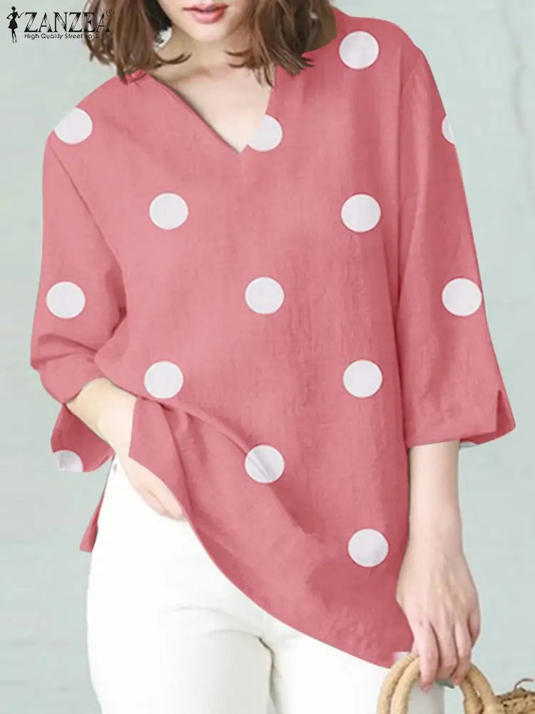 

Женская летняя блузка в горошек ZANZEA, элегантная Праздничная рубашка с рукавом 2023 и V-образным вырезом, повседневные женские туники, топы, руб...