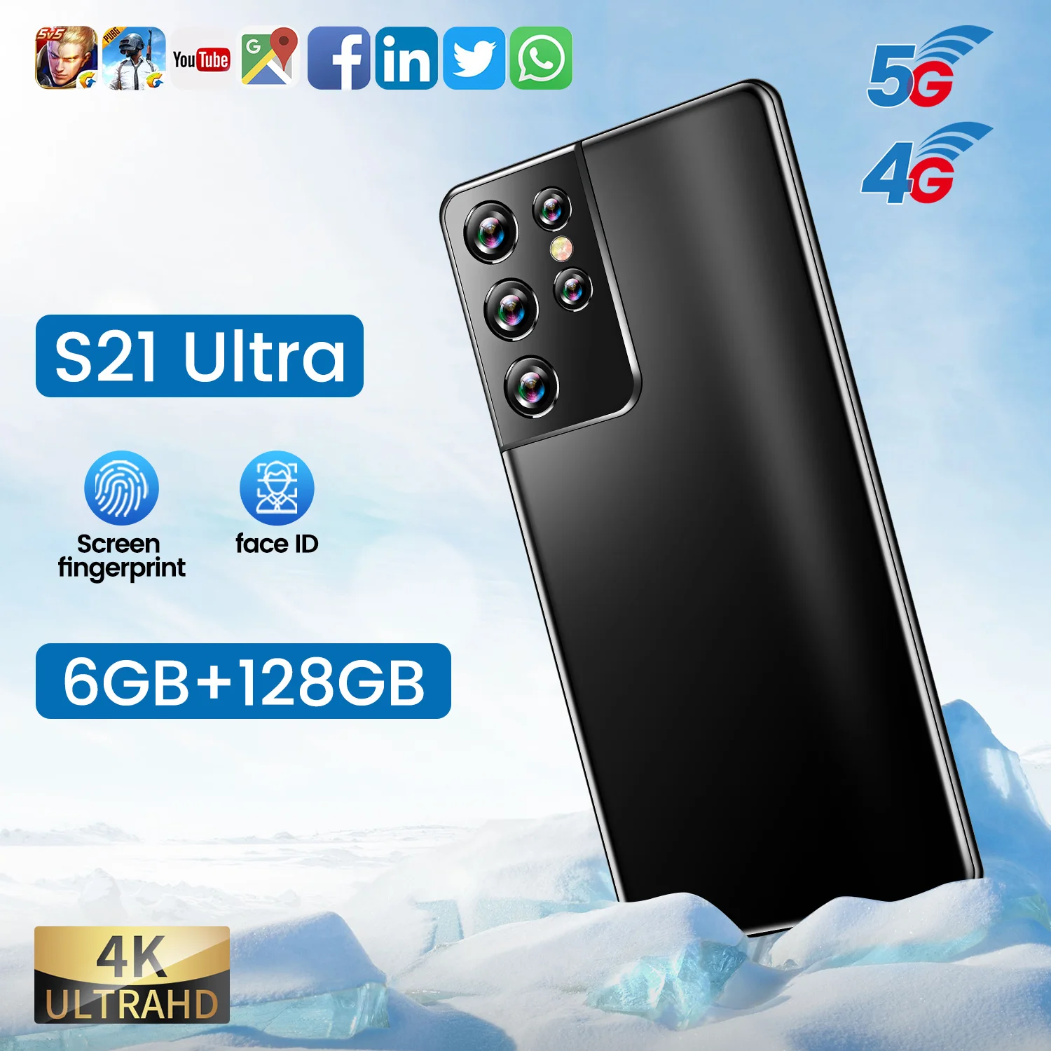 

Global Version S21 Ultra 6.1 Inch 12G+512G 24MP+48MP 5000mAh Android 11 Smartphone MTK6889 11 Core Face Fingerprint ID Cellphone