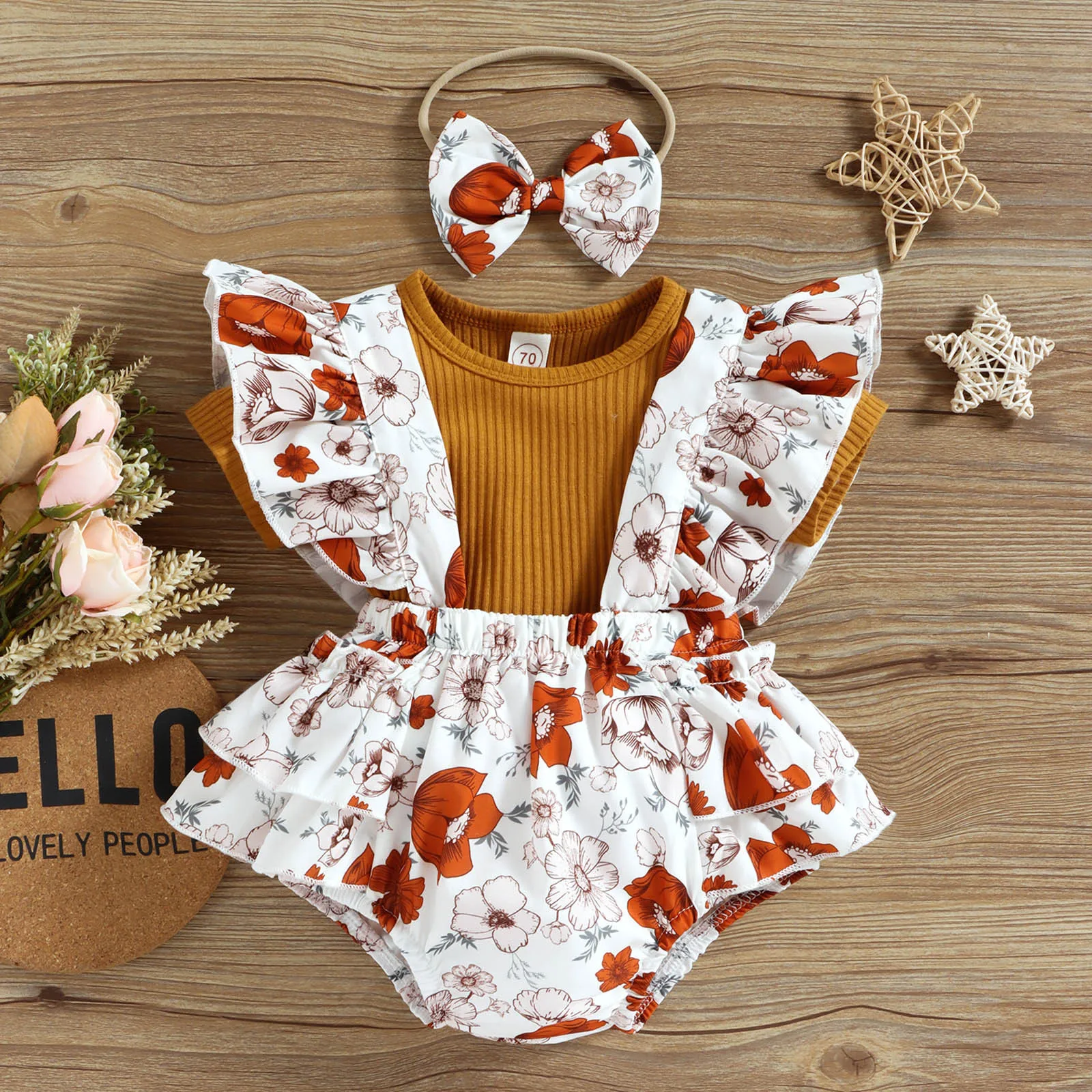 

0-24 Months Newborn Baby Girls Clothes Sets Summer Short Sleeve Ribbed T Shirts+Ruffles Floral Print Suspenders Shorts Sets