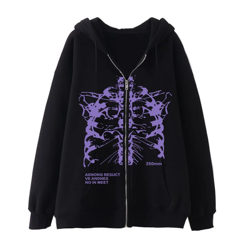 Dark Black Gothic Clothing Zipper Sweater Skeleton Hoodie High Street Trendy Conjuntos De Hombre Y2k Masculino Plus Size Tops