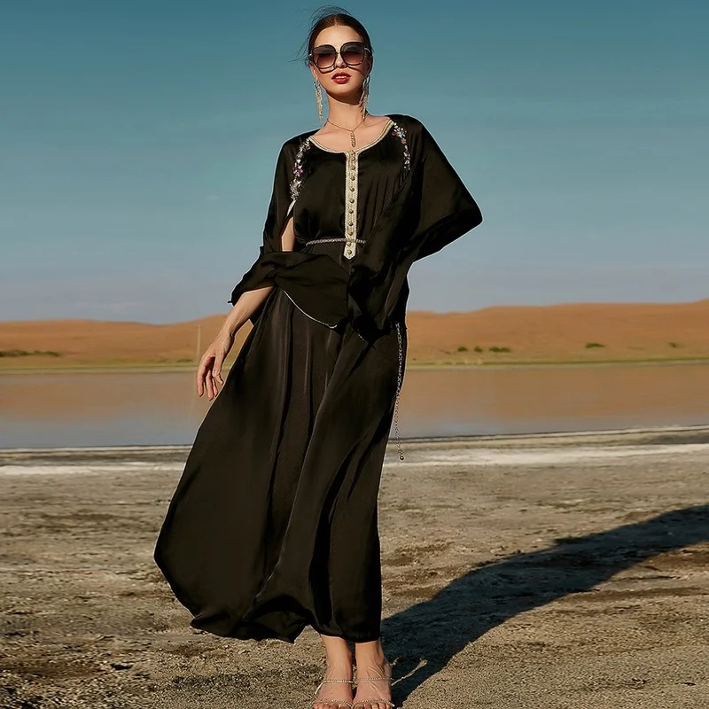 Hand-Beaded Fake Two-Piece Maxi Long Dress Black Gold Ribbon Cloak Abaya Beach Tourism Dubai Moroccan Caftan 2022 New