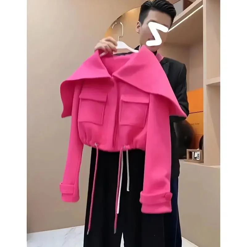 

Large Polo Neck Drawstring Short Coat Women Spring 2023 New Korean Fashion Unique Loose Causal Top Zipper Jacket Women Clothing