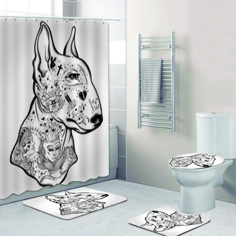 

Cool Tattoo Bullterrier Dog Portrait of Bull Terrier Bath Shower Curtains for Bathroom Toilet Animal Pet Home Decor
