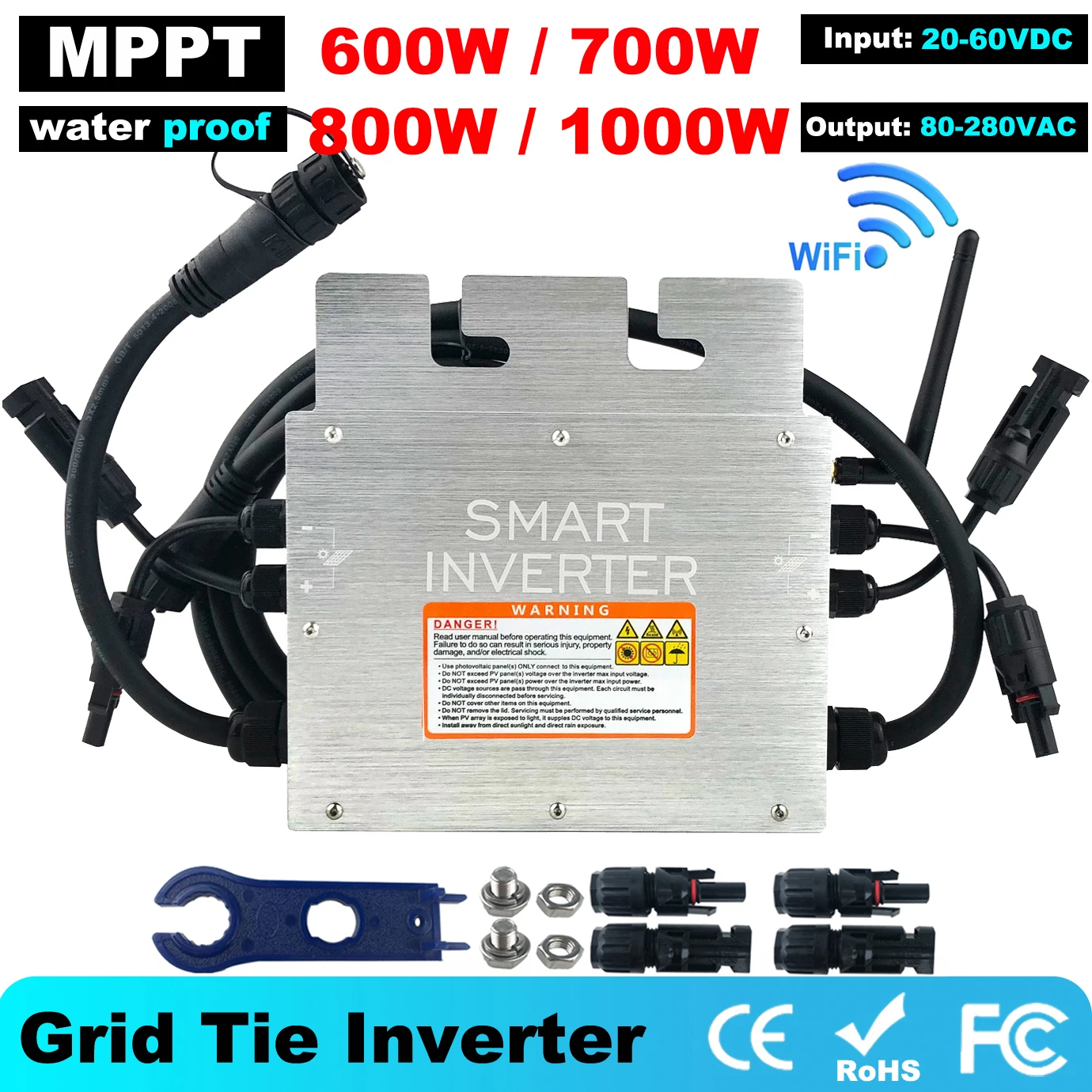 

MPPT 600W 700W 800W 1000W PV Micro Solar Inverter 18-50VDC On Grid Tie Inverter IP67 Pure Sine Wave 110V 220VAC