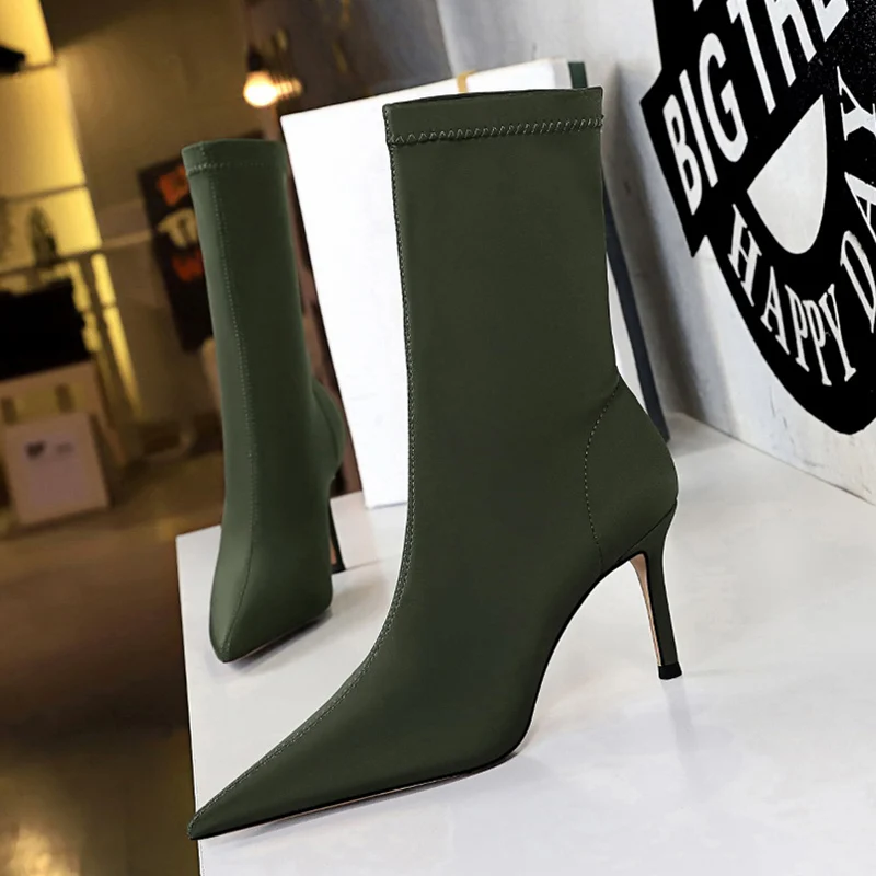 

Женские Эластичные ботильоны на шпильке 2022 см, бежевые или зеленые ботильоны на высоком каблуке-шпильке, большие размеры, весна 7,5