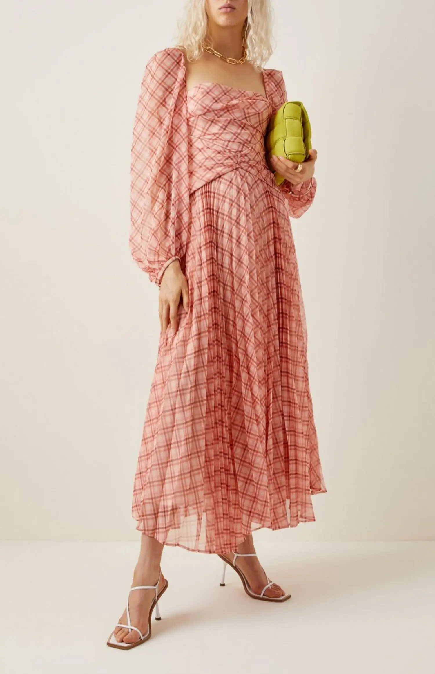 

Women Plaid Backless Square Collar Long Sleeve Elegant Maxi Dress