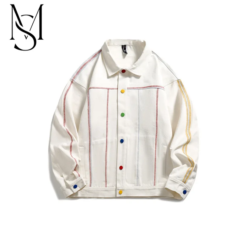 

Куртка в японском стиле, универсальная верхняя одежда с блестящими цветными полосками, с металлическими пуговицами, модная верхняя одежда для пар, осень