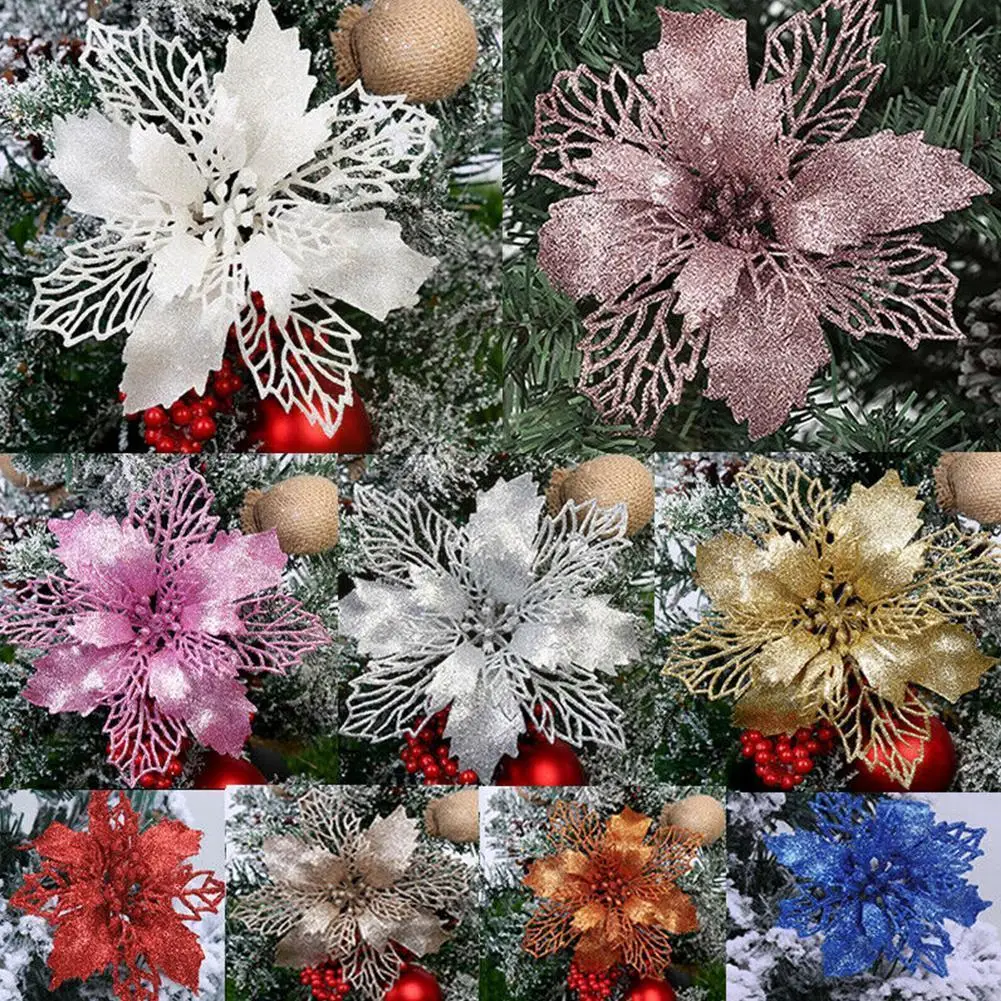 

1Pc Artificial Christmas Flowers 11cm Glitter Fake Flowers Christmas Tree Decorations For Home New Year 2022 Decor Q8Q6