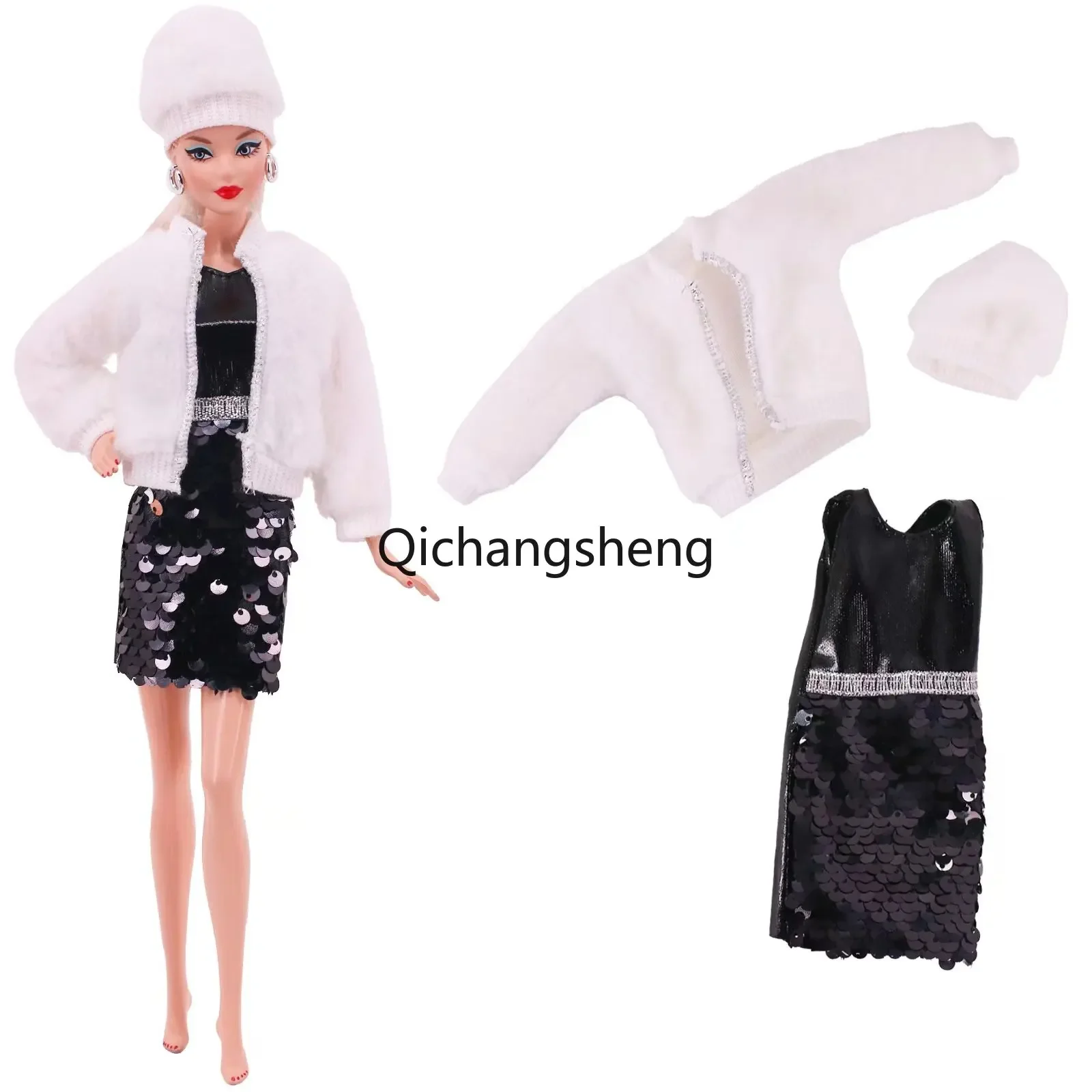 1/6 комплект одежды для куклы белая меховая куртка шляпа черное платье с блестками