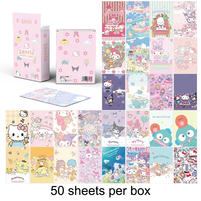 

Sanrio 50 шт. коробка для карт Kuromi Cinnamoroll Hello Kitty Мелодия помпон пурин аниме Lomo Kawaii коллекционные игрушки для детей подарок