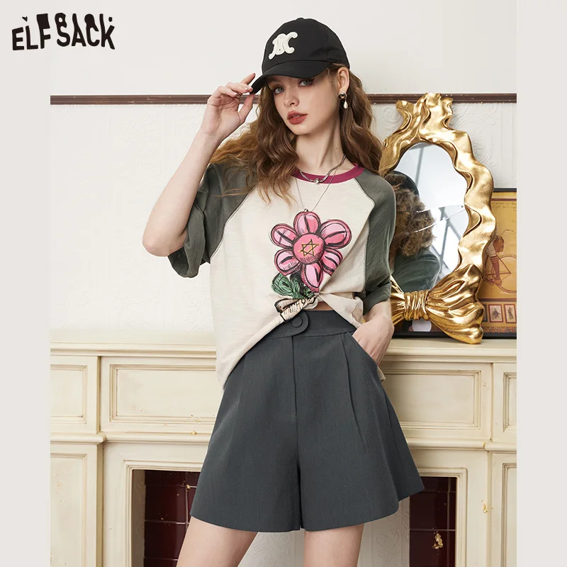 ELFSACK Gray High Waist Suit Shorts Woman 2023 Spring/Summer New Casual Daily Bottoms