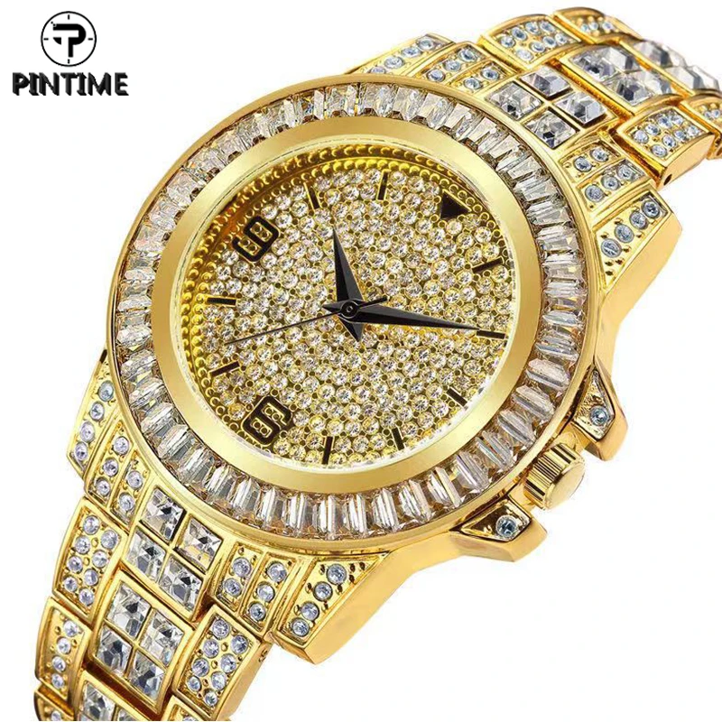 

PINTIME Quartz Watch For Men Luxury Full Diamond Bezel Iced Out Hip Hop Sliver Gold Watch Mens Wrist Watch Clock Male Wristwatch