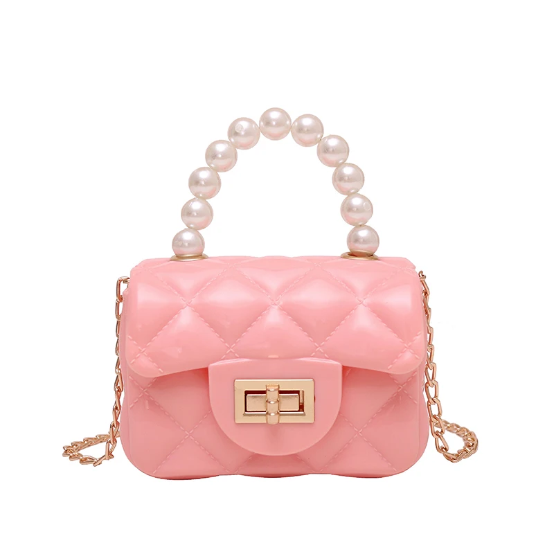 

New Jelly Color Quilted Mini Bags Women Handbags Ladies Diamond Lattice Chain Shoulder Bag with Pearl Handle