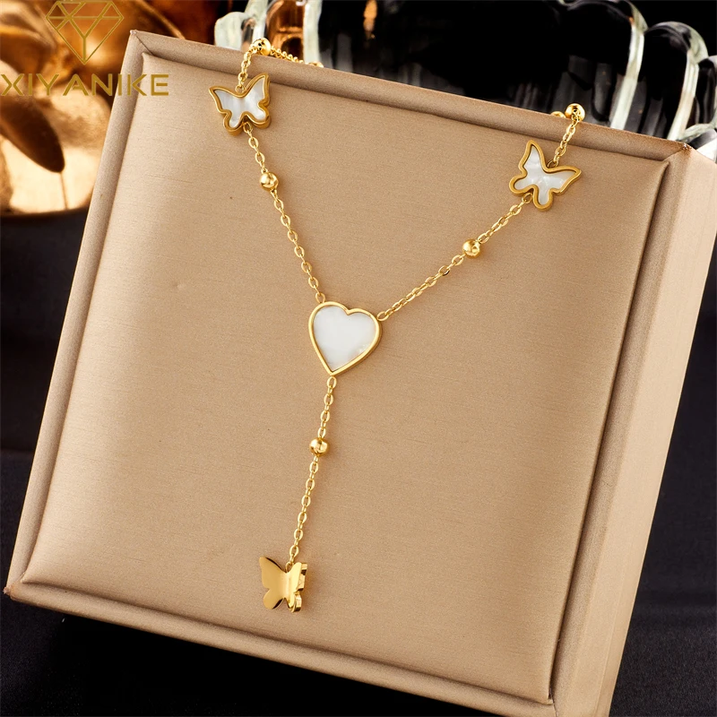 

XIYANIKE 316L Stainless Steel Necklace White LOVE Heart Butterfly Pendant Accessories for Women Newly Arrived Jewelry Collier