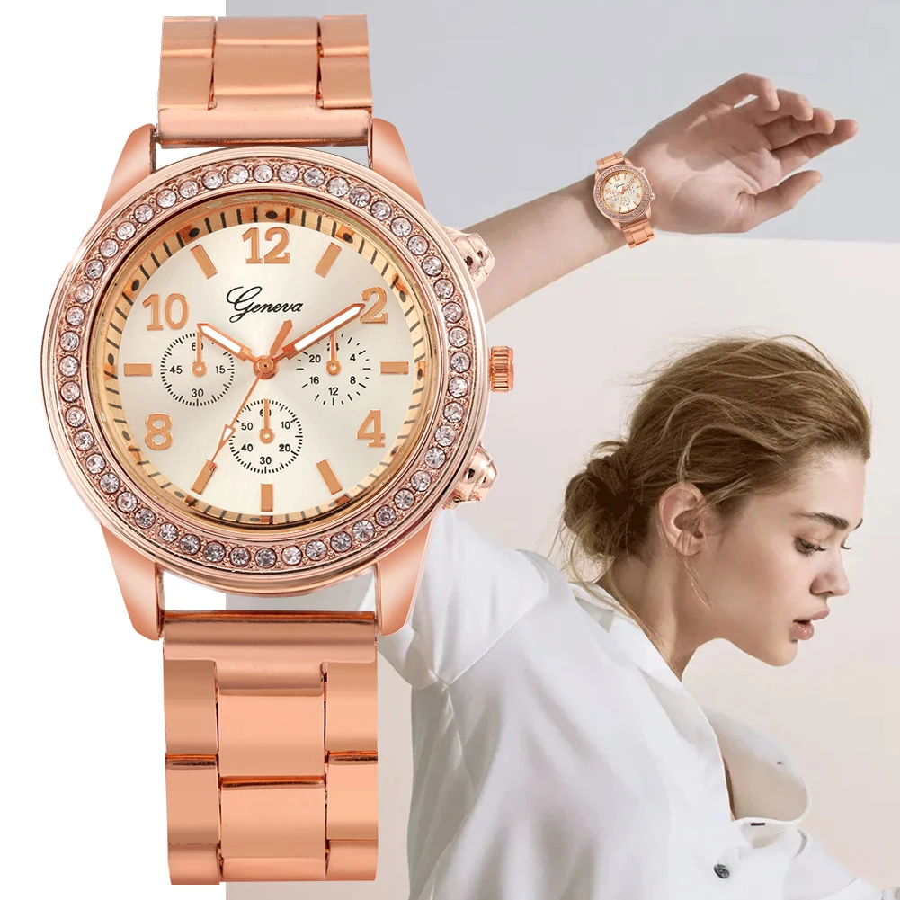 2022 New Advanced Sense Quartz Watch for Women Alloy Strap Geneva Fake Three Eye Noble Diamond Inlaid Watches Birthday for Wife