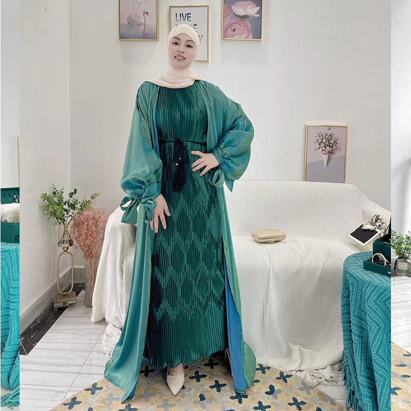 Muslim Dress Women Bubble Sleeve Cardigan 2022 Summer Colorful Elegant Long Drerss Oppen Abaya Jalabiya for Women