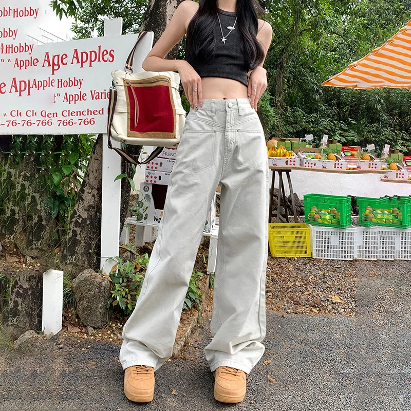 

Винтажные свободные широкие брюки с высокой талией песочного цвета с модной драпировкой универсальные прямые джинсы для женщин новая модель