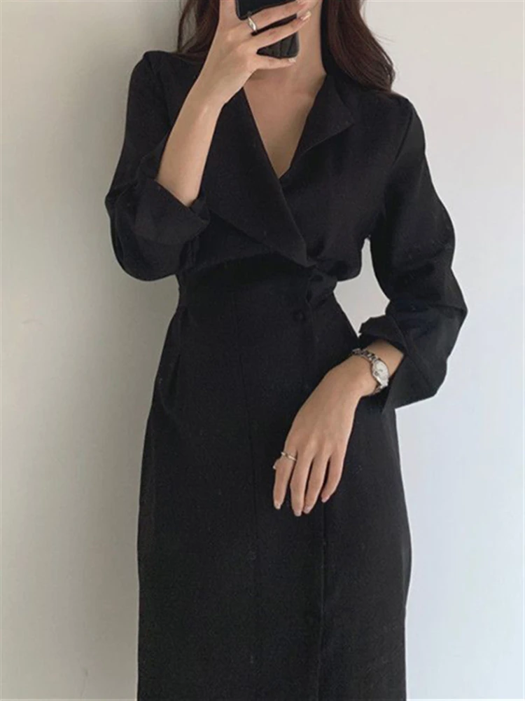 Solid Midi Dress for Women Long Sleeve Luxury 2022 Spring Woman Dresses A-Line Vintage Autumn Elegant Party High Waist Vestido