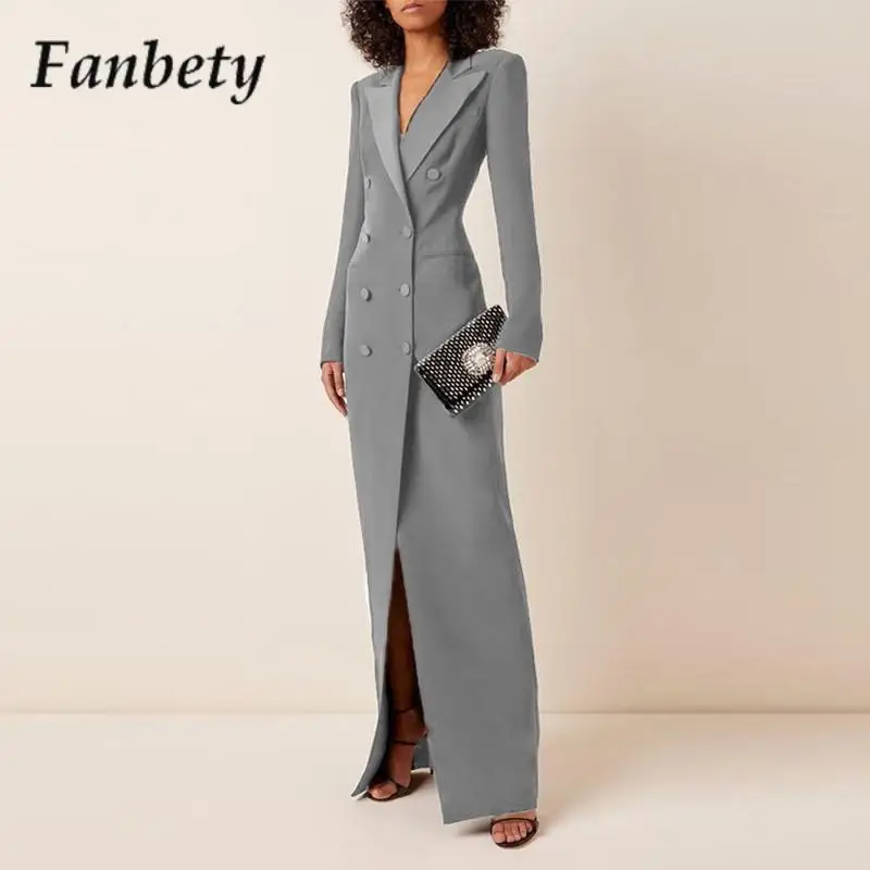 

Женское однотонное двубортное Элегантное Длинное платье, новое осеннее платье с длинным рукавом и разрезом, строгие колготки с лацканами, Костюмные платья