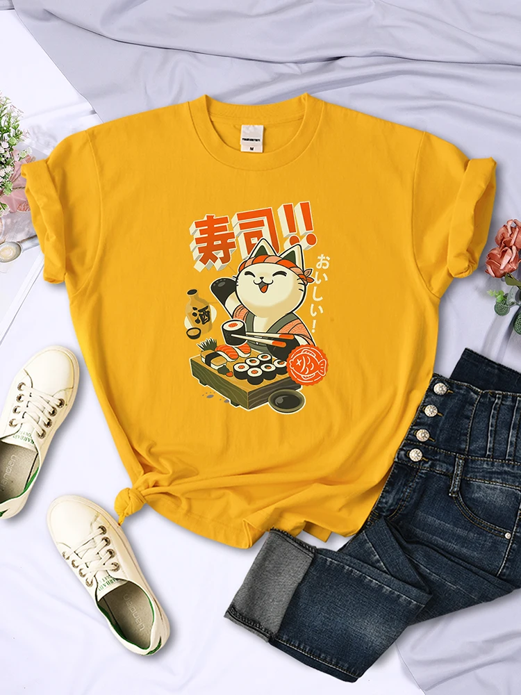 

Japan Sushi Chef Cat Printing T-Shirt Female Summer Breathable T Shirts Cool O-Neck Tops Fashion Street Hip Hop T Shirt Womens