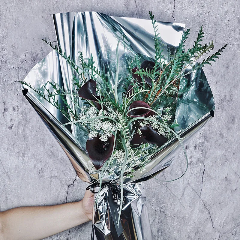 

65 шт подарочная упаковочная бумага Серебряный Водонепроницаемый цветок упаковочный материал блестящая бумага зеркало яркое серебро OPP пла...