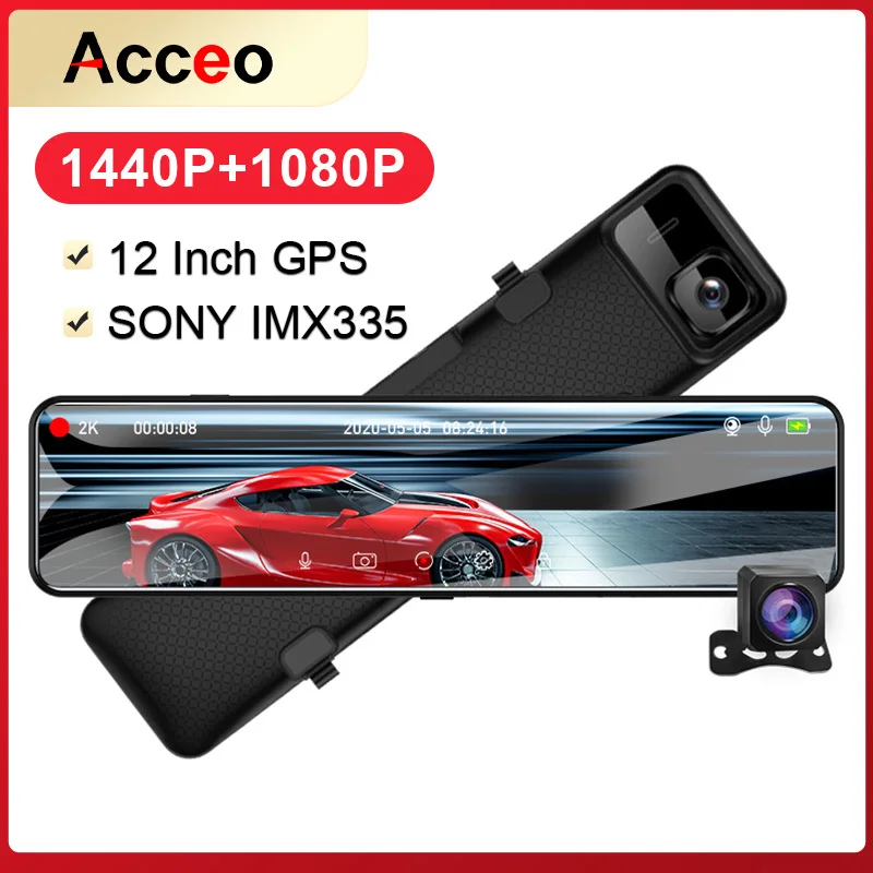 

E-ACE A45 2K Dashcam 12 Inch Stream Media Rear view Mirror 1440P FHD Car Dvr Car Camera with Sony Imaging sensor Recorder