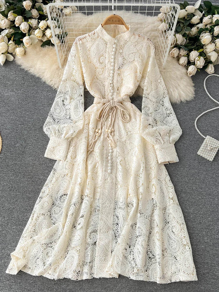 

Осеннее женское черное/бежевое кружевное платье, женское элегантное высококачественное однобортное платье с воротником-стойкой и длинным ...