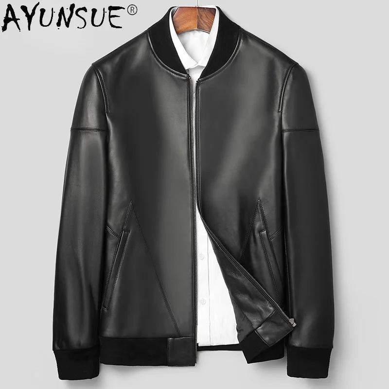 

100% Genuine Sheepskin Jackets Male Autumn Fashion Black Motorcycle Leather Jacket Baseball Uniform Abrigo Hombre Gmm426