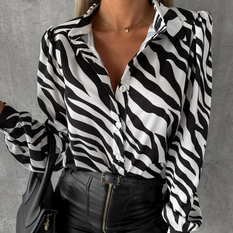 

Fashion Turn Down Collar Zebra Print Blouse Women Tops Casual Long Sleeve Shirt Office Ladies Loose Autumn Clothes Blusas 29185