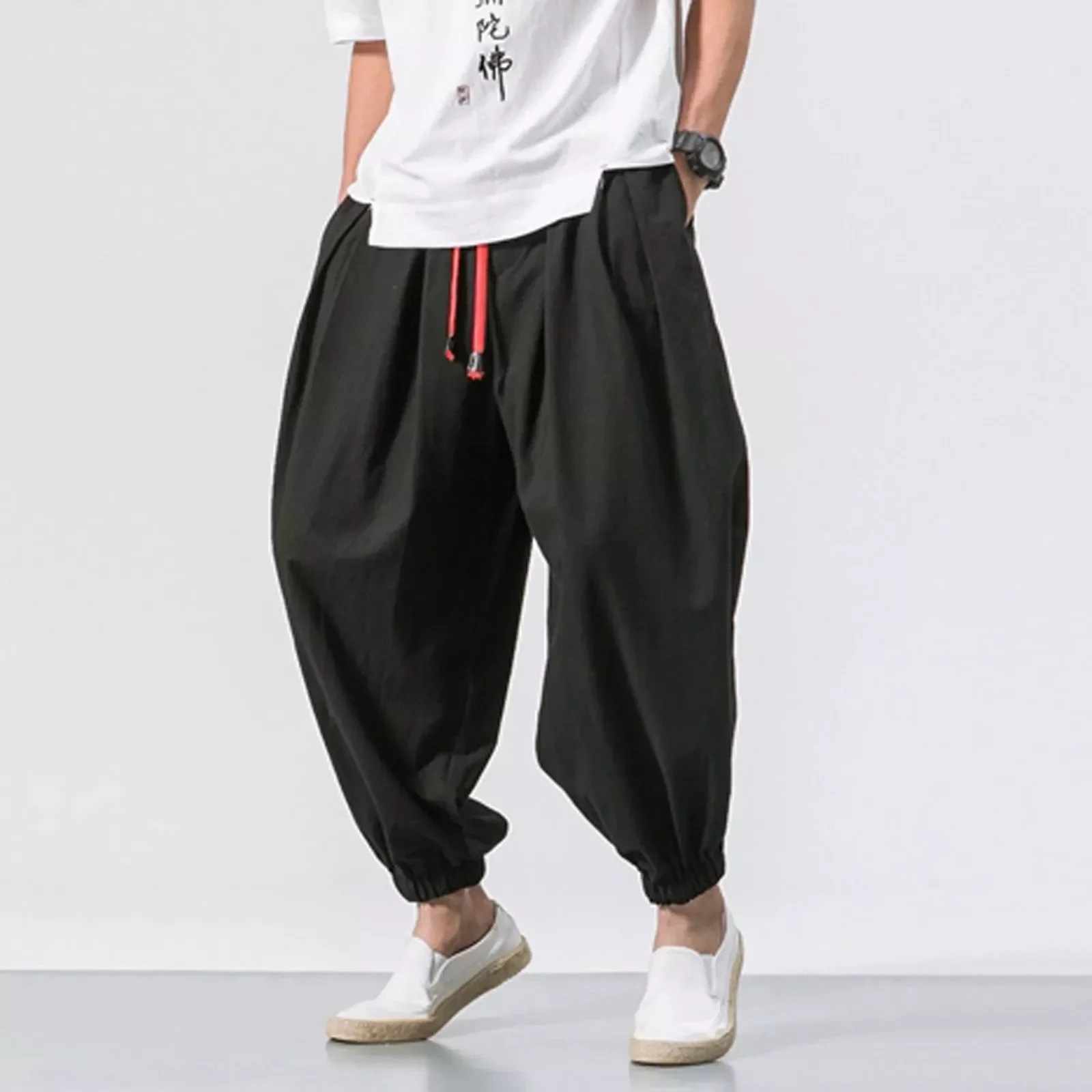 Solid Color Harem Pants Wide Leg Elasticated Pants Casual Cotton Linen Trouser Man Jogger Pants Fashion Casual Loose