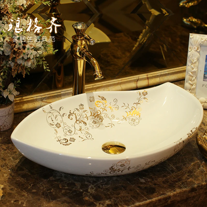 

Big Europe Style Ceramic Bathroom Vessel Sinks White Gold Flower Glazed Above Counter Wash Basin Vanity Top Porcelain Sink